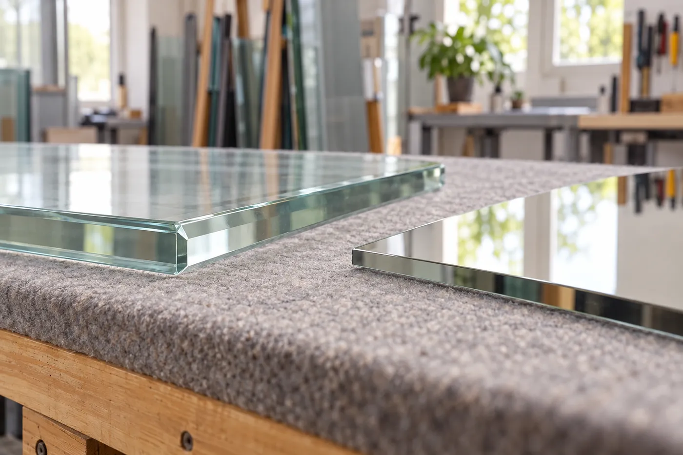 Chant poli d'un verre épais et angle d'un miroir façonné, posés sur l'établi de l'atelier