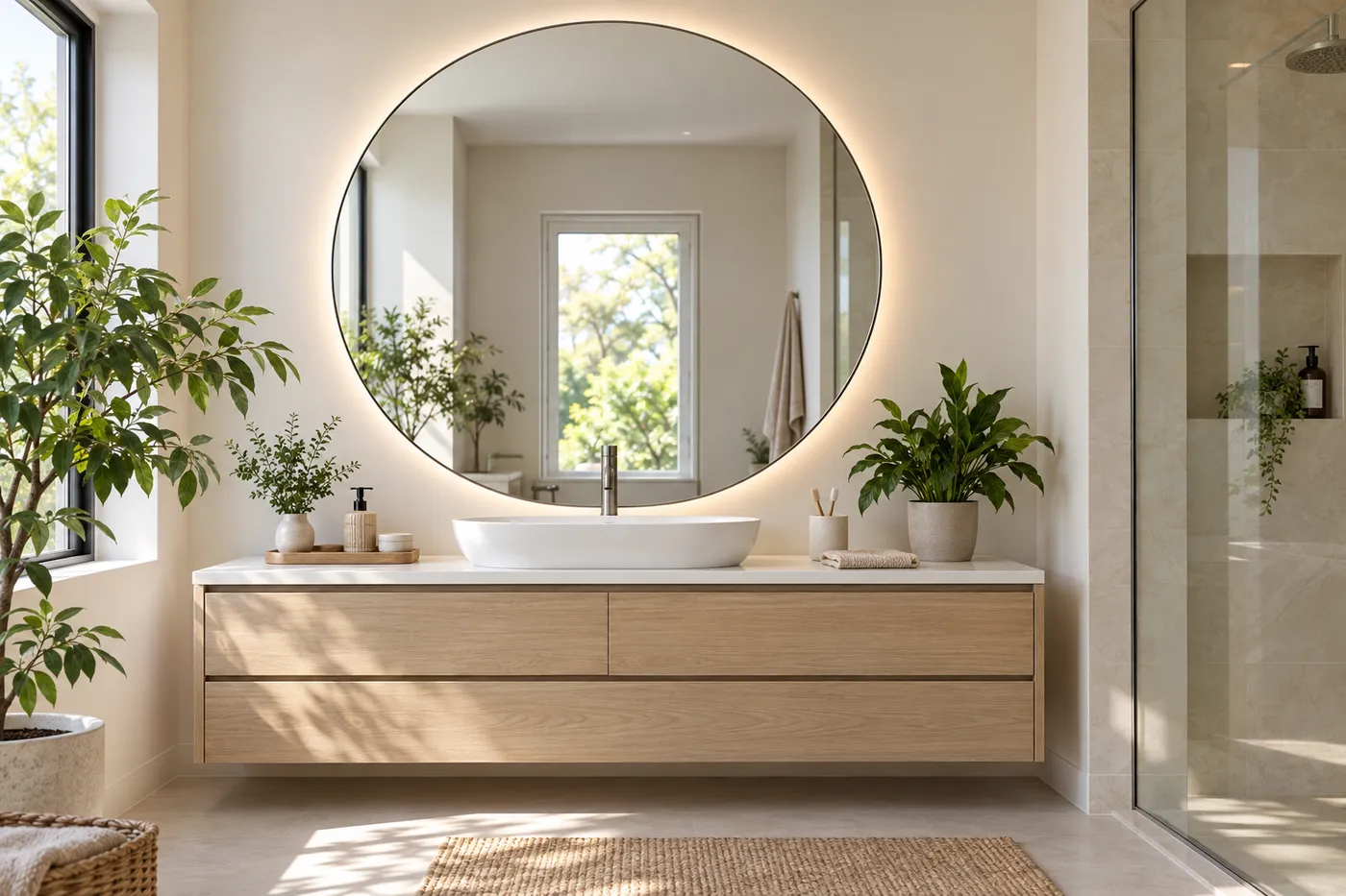 Grand miroir rond aux chants polis posé au-dessus d'un meuble vasque en chêne clair