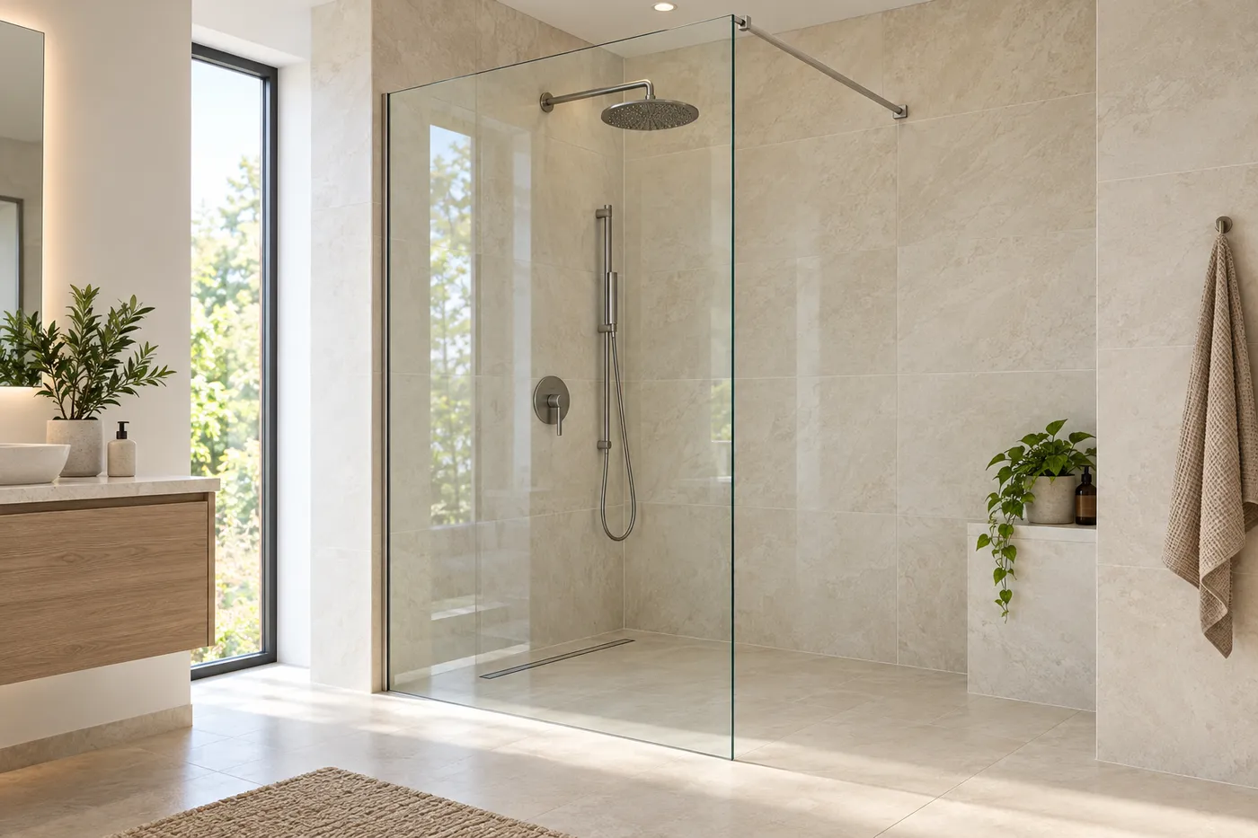 Paroi de douche à l'italienne en verre trempé clair avec barre de stabilisation