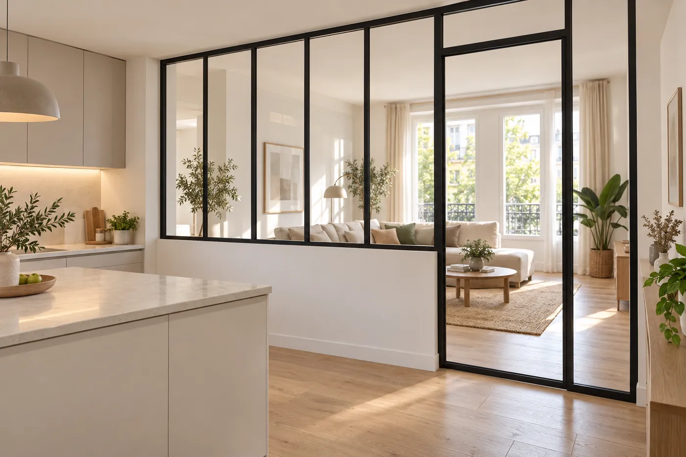 Verrière d'atelier noire séparant une cuisine et un séjour d'appartement